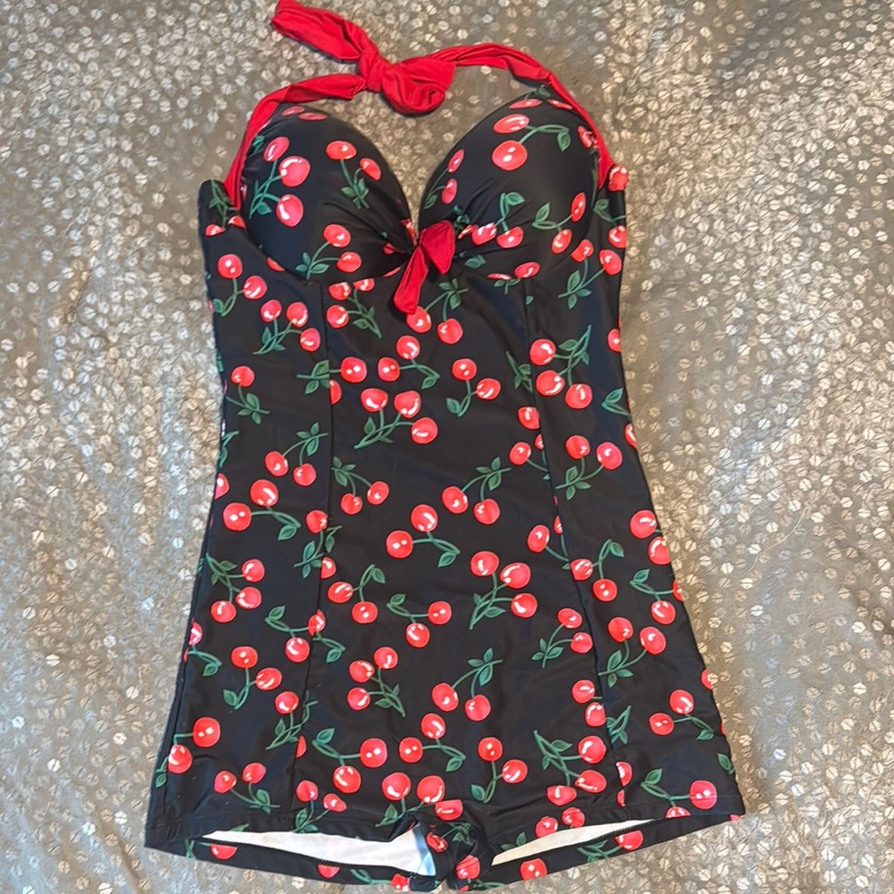 Cherry Print Retro Swimsuit with Red Accents